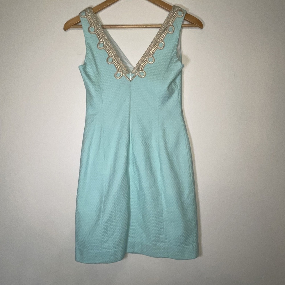 Lilly Pulitzer Bay Dress Size 0 Aqua Blue Textured Shift Embroidered Neckline - Picture 8 of 10